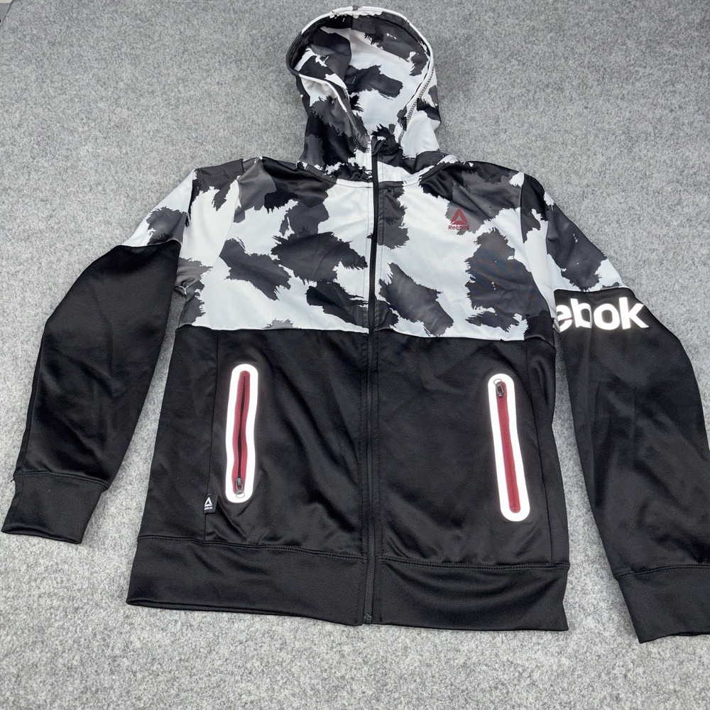 Reebok Hoodie Boys XL 14/16 Black White Camo Full Zip Reflective Jacket Athletic